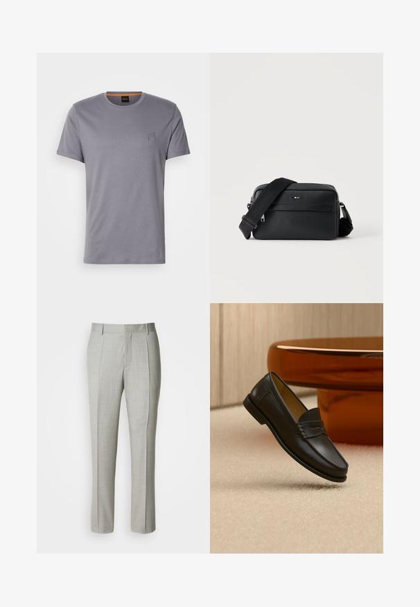 T-shirt gris à manches courtes en coton, avec un col rond et un petit écusson rectangulaire sur le côté supérieur gauche. Texture lisse.; Pantalon tailleur gris clair en tissu lisse, présentant une coupe droite, des plis à l'avant, et une ceinture classique avec passants pour ceinture.; Chaussure mocassin en cuir noir suspendue au-dessus d’un tapis beige avec du mobilier moderne couleur ambre en arrière-plan.; Sac bandoulière en cuir noir texturé avec poche avant zippée et bandoulière large en tissu réglable sur fond blanc.