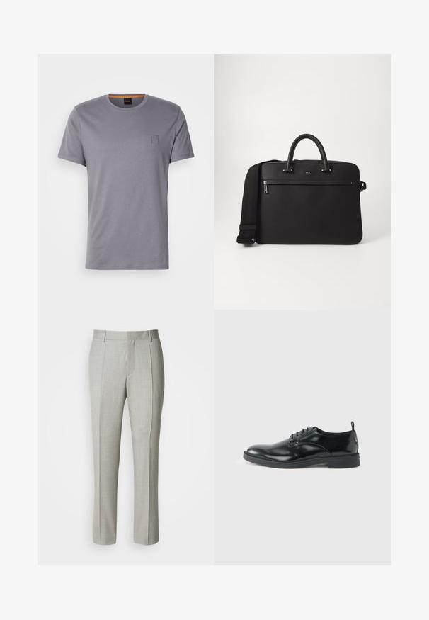 T-shirt gris à manches courtes en coton, avec un col rond et un petit écusson rectangulaire sur le côté supérieur gauche. Texture lisse.; Pantalon tailleur gris clair en tissu lisse, présentant une coupe droite, des plis à l'avant, et une ceinture classique avec passants pour ceinture.; Chaussure habillée en cuir noir brillant avec un petit talon, fermeture à lacets et bout rond, vue de côté sur un fond uni et clair.; Sac en cuir noir avec une texture lisse, deux poignées supérieures et une bandoulière amovible. Il dispose d'une poche avant zippée et de détails de logo.