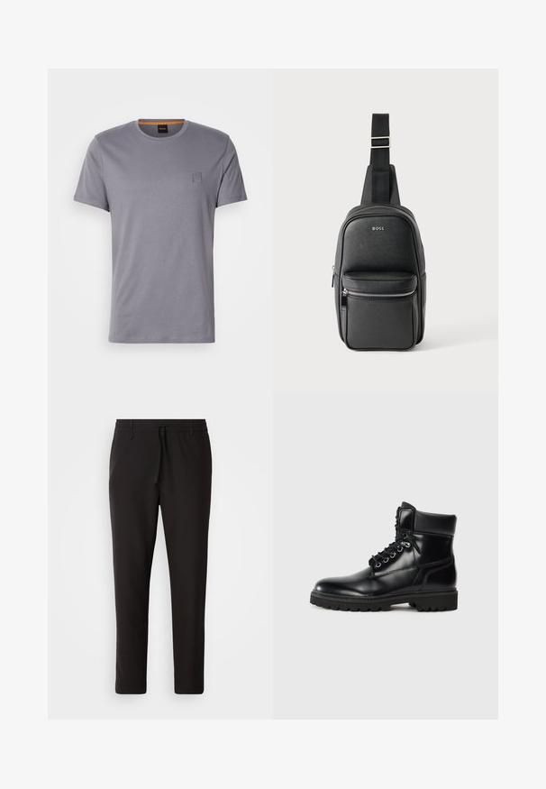 Camiseta gris de manga corta hecha de algodón, con cuello redondo y un pequeño parche de logo rectangular en la parte superior izquierda. Textura suave.; Pantalones de chándal negros de tejido suave. Cuentan con una cintura elástica con cordón, piernas ajustadas y sin bolsillos visibles. Diseño sencillo.; Botín negro de cuero hasta el tobillo con acabado brillante, diseño con cordones, cuello acolchado y suela de goma resistente con agarres de tracción.; Bolso bandolera de cuero negro con correa ajustable, bolsillo frontal con cremallera y logotipo "BOSS" sobre superficie lisa y texturizada.
