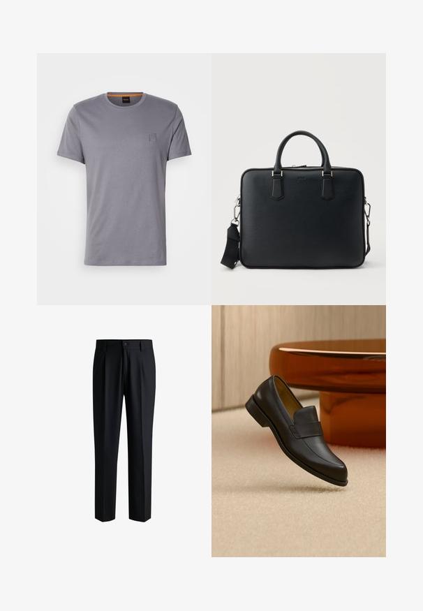T-shirt gris à manches courtes en coton, avec un col rond et un petit écusson rectangulaire sur le côté supérieur gauche. Texture lisse.; Pantalons noirs en tissu lisse, avec une coupe droite, des plis à l'avant et une fermeture à bouton avec passants de ceinture.; Mocassin en cuir noir à talon bas flottant au-dessus d'un sol moquetté beige près d'une table ronde marron.; Portefeuille en cuir noir texturé avec deux poignées et une bandoulière détachable, doté d'une fermeture éclair argentée et de ferrures métalliques.