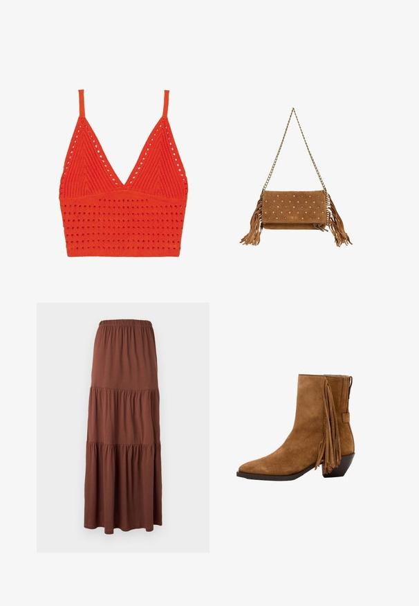 Top de sujetador de punto rojo con cuello en V, tirantes finos, patrón texturizado con agujeros y una banda ajustada en la parte inferior.; Falda larga marrón con volantes y cintura elástica, hecha de tela suave y ligera, colgada plana sobre un fondo blanco.; Bota de ante marrón para el tobillo con punta puntiaguda, tacón bajo inclinado y flecos decorativos en el lateral.; Clutch de ante marrón con tachuelas doradas, flecos en los lados, detalle de cremallera y una correa de cadena dorada.