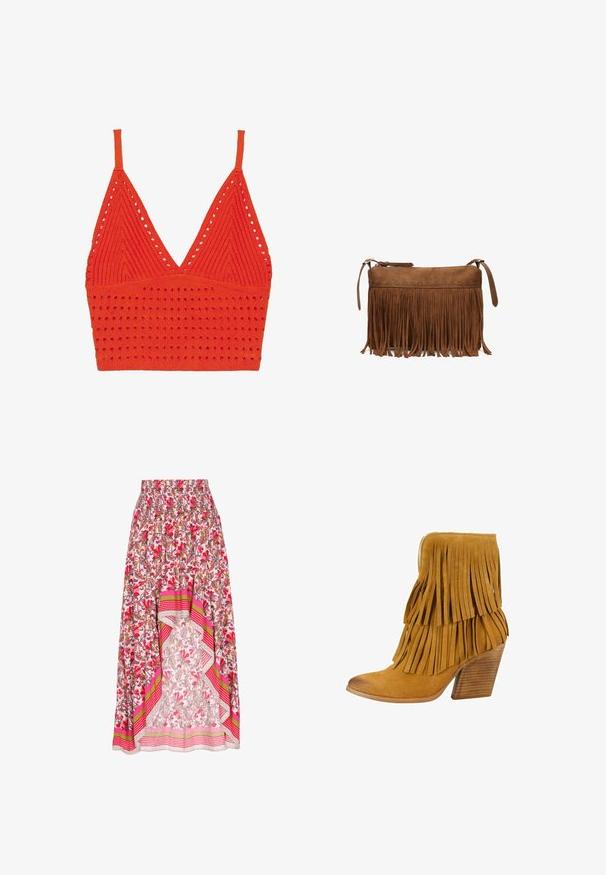 Top de sujetador de punto rojo con cuello en V, tirantes finos, patrón texturizado con agujeros y una banda ajustada en la parte inferior.; Falda midi floral de tela ligera, con una cinturilla fruncida, detalles en rayas rosa y verde, y un dobladillo con capas adornado con encaje.; Felmini Botines - sand; Bolso cruzado marrón de ante con detalle de flecos largos y cierre de cremallera sobre fondo blanco.