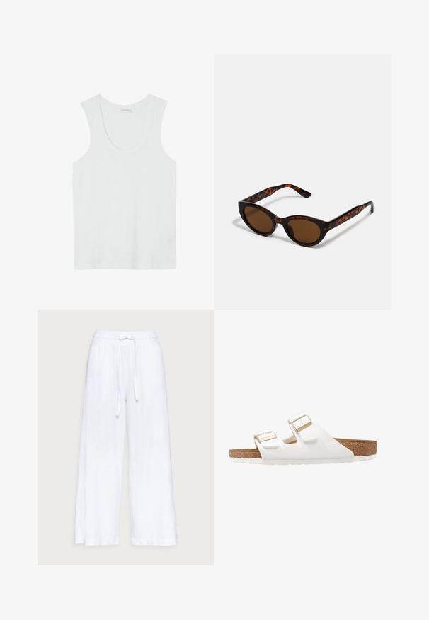 Weißes ärmelloses Tanktop mit Rundhalsausschnitt aus weichem, leichtem Stoff und einem kleinen Kleidungsetikett innen im Nackenbereich.; Weiße Leinen-Hose mit weitem Bein, ausgestattet mit einem elastischen Bund und einem Kordelzug, glatter Textur und lockerer Passform für komfortable Trageeigenschaften.; Weiße Gummisandalen mit zwei verstellbaren Riemen, goldenen Schnallen und einem braunen Korkfußbett. Strukturiertes Profil für besseren Grip, minimalistisches Design.; Braune Schildpatt-Sonnenbrille mit einer Vintage-Cat-Eye-Form und braunen Gläsern. Verfügt über gebogene Bügel mit roten Akzenten.