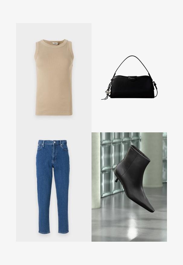 Top sans manches beige en tissu côtelé avec un col rond, présentant des coutures ton sur ton et un design ajusté.; Jean en denim bleu avec taille haute, fermeture éclair, cinq poches, jambes droites, et une texture légèrement décolorée, avec un ourlet net.; Bottine en cuir noir avec bout pointu et petit talon, présentée devant un mur en blocs de verre et un sol poli.; Sac à main rectangulaire noir Calvin Klein avec une seule sangle supérieure, un charm logo argenté et une petite fermeture à rabat sur le devant.