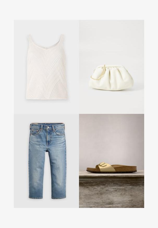 Débardeur en tricot blanc léger avec un motif en chevrons, doté de fines bretelles et d'une texture à mailles ouvertes.; Jean en denim bleu clair à coupe décontractée, longueur raccourcie, cinq poches, et fermeture par bouton en métal. Texture délavée avec des détails de surpiqûres subtils.; Sandale glissante synthétique dorée avec une seule sangle et un accent de boucle, dotée d'un pied en liège brun et d'une semelle en caoutchouc texturé.; Sac à main en cuir blanc avec un design plissé, doté d'une bandoulière en chaîne dorée et d'une forme arrondie. Texture lisse avec des plis doux et sans motifs.