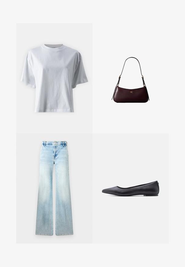 IVY OAK IOKYLA - T-Shirt basic - bright white; Hellblaue, flared Jeans aus Denim. Sie bietet eine ausgewaschene Optik, Standardtaschen und einen Knopfverschluss an der Taille.; Schwarzer flacher Lederschuh mit spitzer Kappe und niedrigem Absatz, seitlich vor weißem Hintergrund gezeigt.; Dunkelburgunderfarbene Lederhandtasche mit schmalem schwarzem Schulterriemen und kleinem goldenem "cK" Logo vorne in der Mitte.