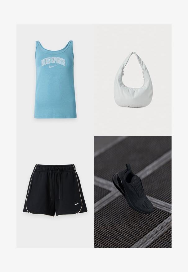 Lysblå atletisk tanktop med bred rund hals, ærmeløst design og "NIKE SPORTS" trykt på brystet i hvid. Blødt bomuldsstof.; Sorte atletikshorts med hvide kanter, elastisk linning med snøre og lille hvid Nike swoosh-logo på venstre nederste ben.; Sort atletiksneaker med mesh-overdel, polstret krave og gummisål. Har et karakteristisk swoosh-logo og strukturerede detaljer.; Blød, lys grå hobo-taske lavet af syntetisk materiale. Har et enkelt polstret håndtag og en lynlåslomme på siden.