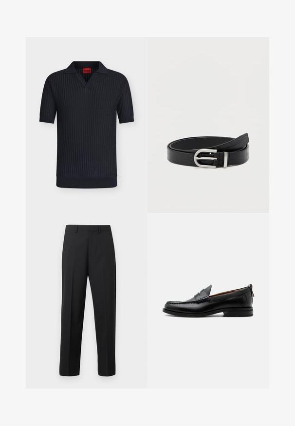 Polo noir à manches courtes en maille avec texture côtelée, col en V, et étiquette rouge Hugo à l’intérieur du col.; Pantalon droit noir avec passants de ceinture, pli avant et braguette zippée sur fond blanc.; Mocassin homme en cuir noir avec couture moc toe, bride penny, col texturé et petit talon empilé sur fond blanc.; Ceinture en faux cuir noir avec texture crocodile et boucle ronde en argent, enroulée sur un fond blanc uni.