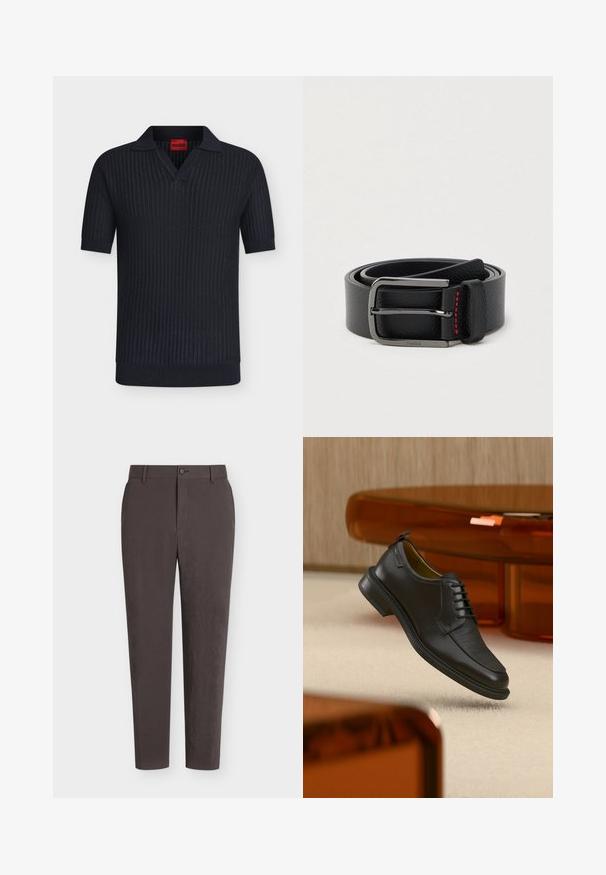 Polo noir à manches courtes en maille avec texture côtelée, col en V, et étiquette rouge Hugo à l’intérieur du col.; Pantalon slim fit marron foncé avec passants de ceinture, fermeture devant avec bouton et zip, présenté sur un fond blanc uni.; Chaussure habillée noire en cuir à lacets avec devant texturé, flottant au-dessus d'un tapis beige dans une pièce moderne avec des meubles teintés d'ambre.; Ceinture en cuir noir avec une boucle argentée et des coutures rouges, enroulée sur un fond clair uni.
