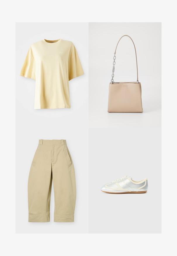 Geel katoen t-shirt met een losse pasvorm, korte mouwen, ronde halslijn en een subtiele geborduurde logo op de linkervoorzijde.; Beige broek met hoge taille, wijde pijpen en cropped lengte, voorzien van riemlussen, zijzakken en zichtbare naden bij de zoom.; Zilverkleurige synthetische sneakers met crème accenten, laag profiel, afgeronde neus en platte rubberen zool; voorzien van klassieke stiksels en vetersluiting.; Beige leren handtas met een gladde textuur, voorzien van een zilveren kettingaccent op het handvat en een ritssluiting. "HUGO" is op de voorkant hotstempeld.