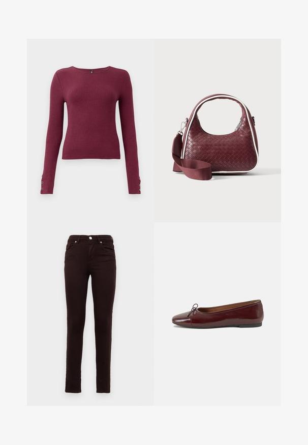 Burgundy langærmet ribstrikket sweater med rund halsudskæring og knapdetaljer på ærmerne. Fremstillet af et tekstureret strikmateriale.; Sorte skinny jeans lavet af denim, med et klassisk fem-lomme design, bælte-loops og en enkelt metal knap lukning i taljen.; Bordeaux patentlæder balletflad med rund tå, lille sløjfeaccent foran og en lav, sort gummisål. Glat tekstur.; Mørkerød vævet lædertaske med buet hank, hvid kant, sølv lynlås og aftagelig bred stofskulderrem mod en ensfarvet baggrund.