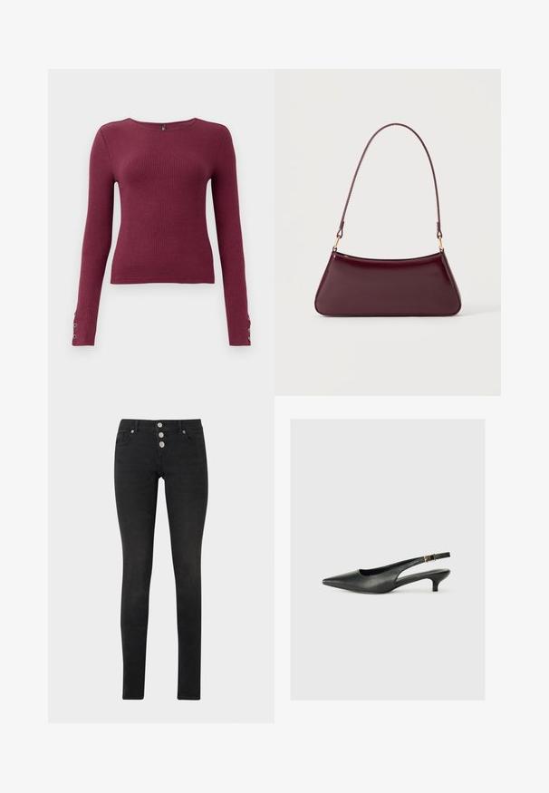 Bordeaux lange mouw ribbel trui met een ronde halslijn en knoopdetails op de manchetten. Gemaakt van een gestructureerde brei-stof.; Zwarte slim-fit jeans van denim, met een hoge tailleband en drie zilveren knoopsluitingen, en een klassiek ontwerp met vijf zakken.; Zwarte puntschoen met slingback van soepel leer. Kenmerkt zich door een dunne hak en een gespdetail op de verstelbare band.; Donker bordeaux glanzende handtas met een enkele dunne handgreep en een slanke trapeziumvorm op een effen lichte achtergrond.