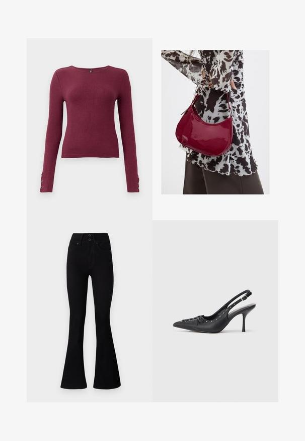 Burgundy langærmet ribstrikket sweater med rund halsudskæring og knapdetaljer på ærmerne. Fremstillet af et tekstureret strikmateriale.; Pepe Jeans FLARE CONTOUR - Flared jeans - black denim; Sorte læder slingback stiletto med spids tå, side spændebånd, nitter langs kanten og dekorativ snøring foran.; Kvinde iført en sort- og hvidmønstret bluse, der holder en blank rød skuldertaske mod en ensfarvet baggrund.