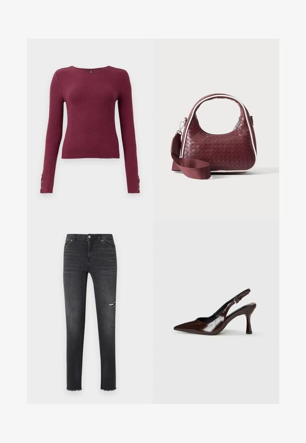 Pull en maille côtelée à manches longues bordeaux avec un col rond et des accents de boutons sur les poignets. Fabriqué dans un matériau en tricot texturé.; Jean skinny noir avec légère usure au niveau de la cuisse et ourlets effilochés, présentant un style cinq poches standard avec fermeture par bouton.; Talons slingback en cuir verni brun avec un bout pointu, un talon fin, et une sangle réglable avec une petite boucle.; Sac à main en cuir tressé marron foncé avec poignée courbée, garniture blanche, fermeture éclair argentée et bandoulière large en tissu amovible sur fond uni.