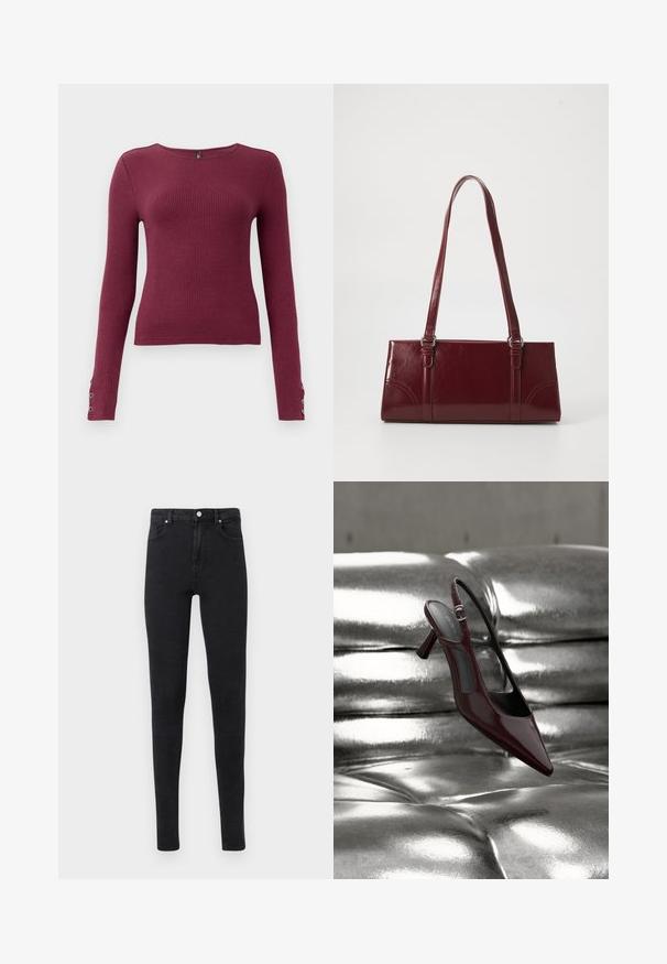 Suéter burdeos de manga larga con textura acanalada, cuello redondo y detalles de botones en los puños. Fabricado con un material de punto texturizado.; Vaqueros ajustados negros de cintura alta con bolsillos delanteros, presillas para cinturón y cierre de botón sobre un fondo claro liso.; Zapato de tacón alto de charol rojo oscuro con tira trasera y puntera puntiaguda, exhibido sobre una superficie de cuero plateado brillante capitonada.; Bolso burdeos hecho de material brillante, de forma rectangular, con dos asas para el hombro y sutiles acentos curvados en la parte frontal.
