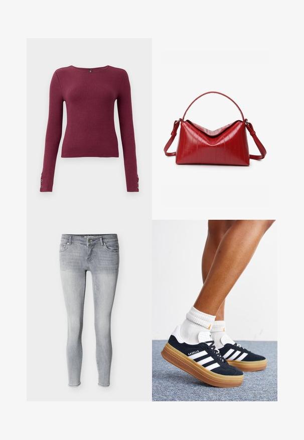 Burgundy langærmet ribstrikket sweater med rund halsudskæring og knapdetaljer på ærmerne. Fremstillet af et tekstureret strikmateriale.; Lysegrå, tætsiddende jeans lavet af denim, med et klassisk design med fem lommer, bæltestropper og lynlås med sølvfarvet knap.; Ben iført hvide sokker og sorte Adidas Gazelle sneakers med hvide striber og tykke brune såler på et gråt tæppe.; Rød håndtaske lavet af glansfuldt materiale med en struktureret form. Har et buet håndtag, justerbar rem og lodrette prægede mønstre.