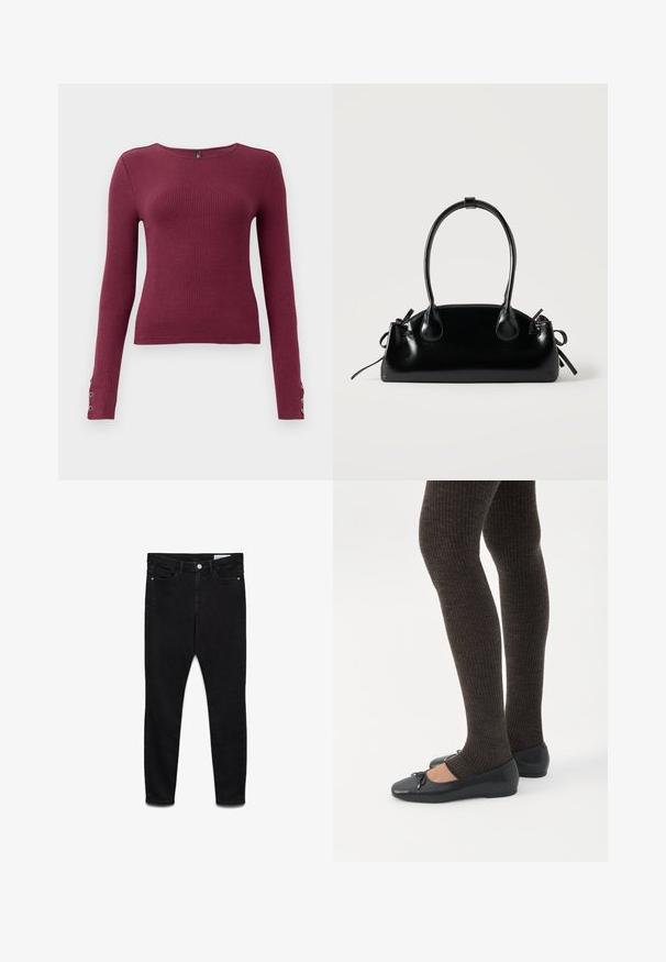 Burgundy langærmet ribstrikket sweater med rund halsudskæring og knapdetaljer på ærmerne. Fremstillet af et tekstureret strikmateriale.; Sorte skinny jeans med høj talje, foran lås med knap og lynlås, to forlommer og to baglommer, vist fladt på hvid baggrund.; Ben iført mørke ribbede leggings kombineret med sorte balletsko med små sløjfedetaljer på hvid baggrund.; Lille sort blank håndtaske med to lange håndtag og snøre-detaljer i siden på en ensfarvet lys baggrund.
