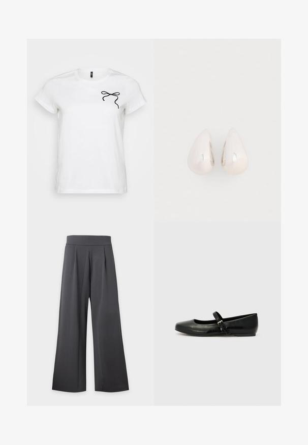 T-shirt blanc à manches courtes avec un design de nœud noir sur la partie gauche de la poitrine, sur fond uni.; Pantalon taille haute à jambes larges gris foncé avec plis à l'avant et ceinture lisse, présenté sur un fond clair.; Ballerines en cuir noir avec un bout arrondi, une semelle plate et une fine sangle ajustable sur le cou-de-pied avec une boucle en métal.; Boucles d'oreilles en métal argenté en forme de goutte, avec une surface lisse et réfléchissante, présentant un design sans couture et sans embellissements visibles.