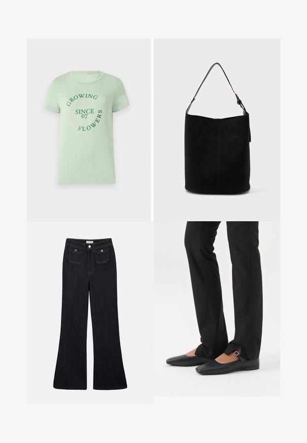Lichtgroene katoenen T-shirt met korte mouwen. De voorkant heeft cirkelvormige tekst: "Bloemen Groeien Sinds 07" in groen en roze. Rond de hals.; Flared donkerdenim jeans met een hoge taille, twee voorzakken en oranje stiksels. Het materiaal lijkt stevig en glad.; Benen met zwarte smalle broek met voorsplitten aan de zoom, gecombineerd met zwarte platte Mary Jane-schoenen met een klein gespje.; Zwarte leren emmer tas met enkele verstelbare schouderband en minimalistische stikdetails aan de voorkant.