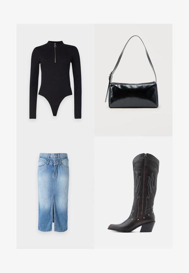 Noisy May NMTONI BODY - Top s dlhým rukávom - black; Svetlomodrá džínsová sukňa s predným rozparkom, dvomi gombíkovými zapínaniami, vysokým pásom a štandardným dizajnom s piatimi vreckami. Hladká textúra, stredná dĺžka.; Hnedé kožené kovbojské čižmy s výšivkou v tvare plameňov, bočným zipsom, striebornými nitmi, špicatou špičkou a vystuženým opätkom.; Čierna obdĺžniková kabelka na rameno s jedným nastaviteľným remienkom a horným zipsom na jednofarebnom pozadí.