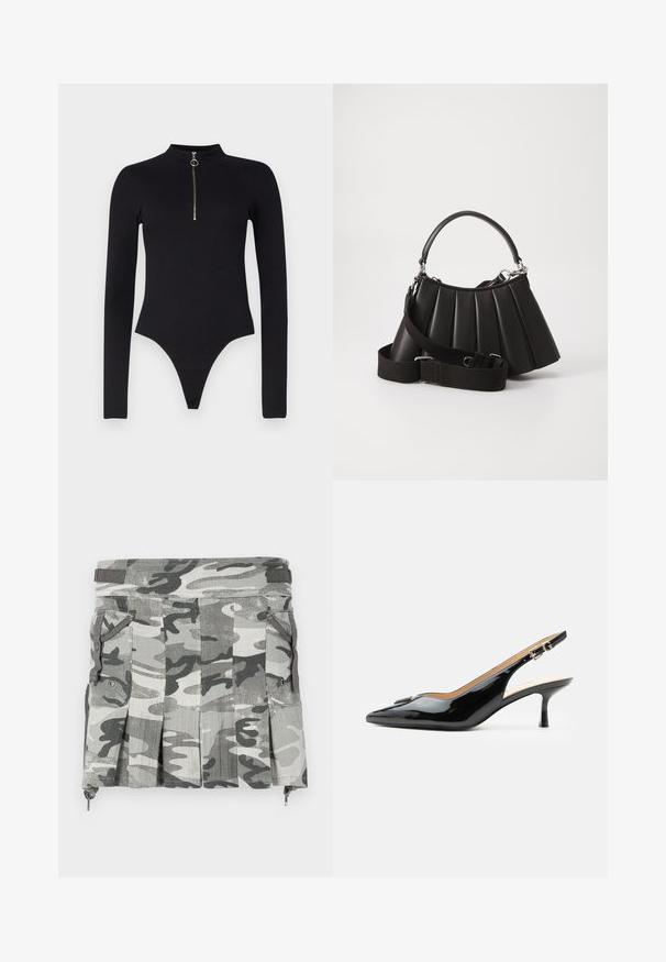 Noisy May NMTONI BODY - Top s dlhým rukávom - black; Sukňa v maskáčovom vzore v odtieňoch šedej a čiernej, so skladmi, dvomi bočnými vreckami a zipsom na leme.; Čierny lakovaný slingback s špicatou špičkou, nízkym kitten opätkom a striebornou prackou na čistom bielom pozadí.; Čierna plisovaná kabelka s okrúhlou rukoväťou, nastaviteľným popruhom a lesklou textúrou. Obsahuje strieborné kovanie a štruktúrovaný siluetu.