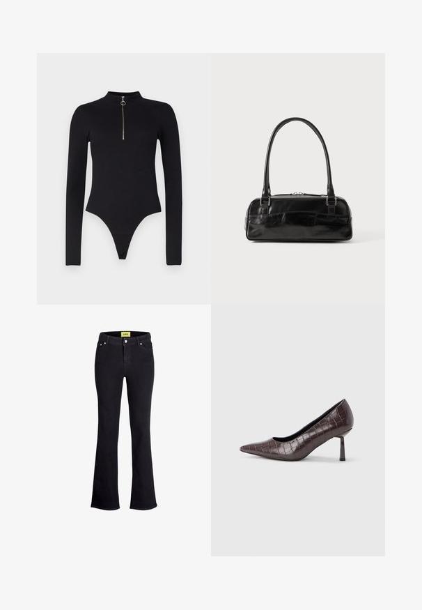 Noisy May NMTONI BODY - Top s dlhým rukávom - black; Čierne denimové zvonové džínsy so štandardným dizajnom piatich vreciek, s gombíkovým a zipsovým zapínaním a kontrastnou žltou značkovou nálepkou na páse.; Hnedé lodičky z umelé kože s krokodílím vzorom, s úzkym, šikmým opätkom a hladkým vnútorným lemovaním.; Čierna kožená kabelka obdĺžnikového tvaru, vybavená jednou pevnou rukoväťou, strieborným kováním a zipsom. Hladký povrch.