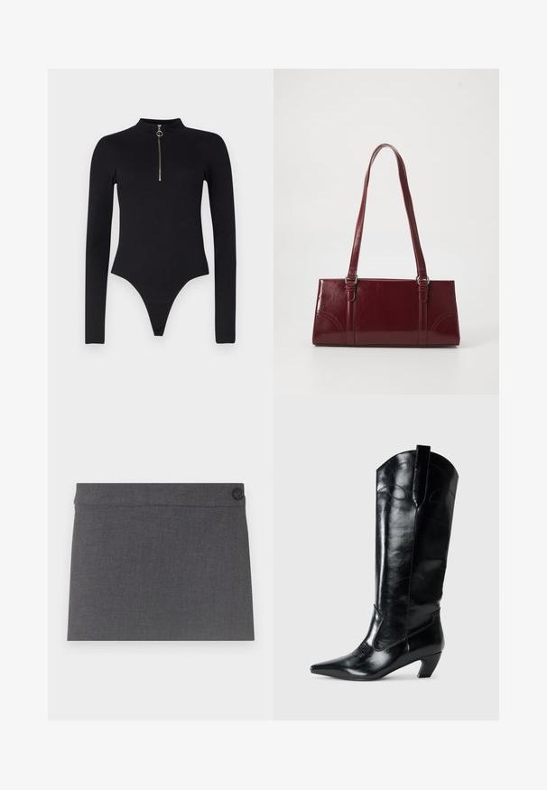 Noisy May NMTONI BODY - Top s dlhým rukávom - black; Sivá sukňa z látky s hladkou textúrou, rovný strih a jediný čierny gombík na páse, s čistým a jednoduchým estetickým vzhľadom.; Čierne kožené vysoké čižmy až po kolená s špicatou špičkou, nízkym podpätkom a dekoratívnym prešívaním po stranách. Hladký lesklý povrch.; Bordová kabelka vyrobená z lesklého materiálu, obdĺžnikový tvar, s dvoma ramennými popruhmi a jemnými zakrivenými akcentmi na prednej strane.