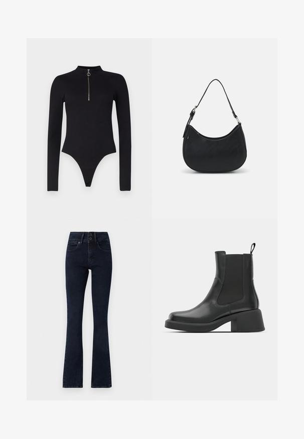 Noisy May NMTONI BODY - Top s dlhým rukávom - black; Tmavomodré rozšírené džínsy s vysokým pásom, zapínaním na dva gombíky, piatimi vreckami a hladkou denimovou textúrou.; Čierne kožené členkové topánky s elastickými bočnými panelmi, zaoblenou špičkou a robustným blokovým opätkom. Hladká textura s minimalistickým dizajnom.; Čierna taška hobo vyrobená z hladkej kože s prehnutým siluetou, s jedným nastaviteľným popruhom a minimalistickými dizajnovými detailmi.