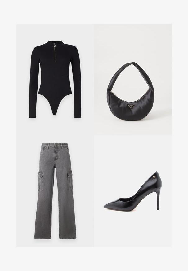 Noisy May NMTONI BODY - Langærmet T-shirt - black; Cargo bukser i falmet grå denim med brede ben, to sidelommer og en let krøllet tekstur. Metal knappelukning i taljen.; Sort læderpump med høje hæle og spids tå, der har et udskåret design og en lille gulddetalje med logo på hælen.; Sort satin håndtaske med en buet form, der har en lynlåslukning og et trekantet logo i metal på forsiden. Glat tekstur og slankt design.