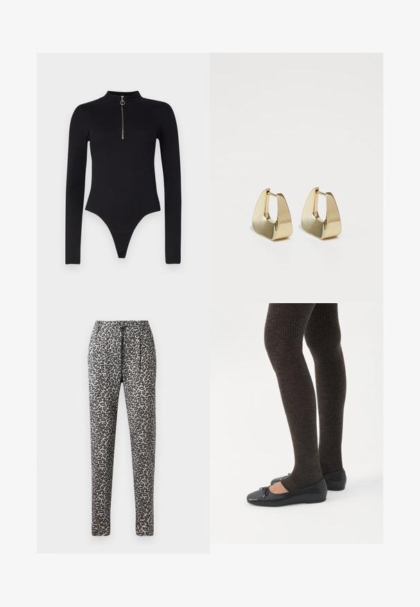 Noisy May NMTONI BODY - Top s dlhým rukávom - black; Nohavice s leopardím vzorom s voľným strihom, sťahovacím pásom a bočnými vreckami. Tkanina má hladký, mäkký pocit v odtieňoch šedej a čiernej.; Nohy v tmavých pásikavých legínach v kombinácii s čiernymi balerínkami s malými mašličkami na bielom pozadí.; Zlaté geometrické náušnice s lešteným povrchom, ktoré majú abstraktný tvar a výrazný dizajn s výrezmi, zabezpečené pántovým uzáverom.