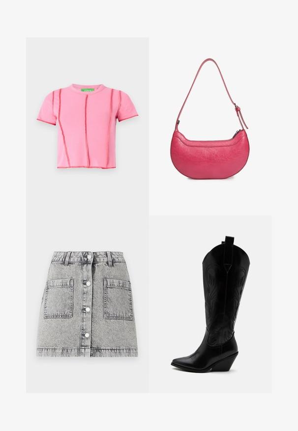 Camiseta corta rosa con cuello redondo, mangas cortas y costuras de contraste en rojo, con un diseño recortado.; Falda de mezclilla en gris claro con una textura desgastada, con cierre de botones al frente, dos grandes bolsillos frontales y corte recto.; Bota de vaquero de cuero negro con punta puntiaguda, tacón bloqueado inclinado, costuras decorativas y lengüetas en la parte superior sobre fondo blanco.; Bolso de cuero rosa con forma curvada, una sola correa de hombro ajustable y cierre superior de cremallera. Acabado texturizado con arrugas visibles.