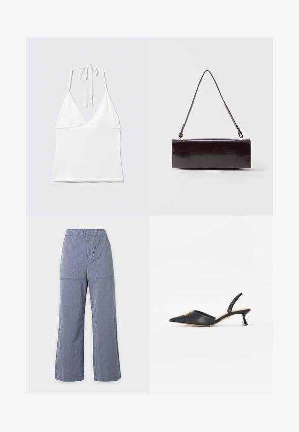 Haut blanc sans manches à col halter avec des bonnets triangulaires et de fines bretelles nouées autour du cou sur un fond clair uni.; Pantalon large à rayures verticales bleu et blanc avec taille élastique et poches plaquées à l'avant, présenté sur un fond uni.; Chaussure slingback noire en cuir avec un bout pointu, un talon bas et un détail doré sur l'empeigne. Texture lisse, design minimaliste.; Sac à main rectangulaire en cuir noir avec une longue bandoulière unique et une finition brillante, présenté sur un fond blanc uni.