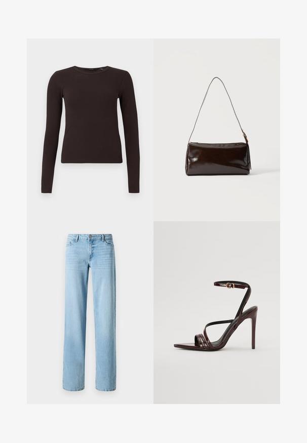 Haut à col rond à manches longues côtelé, marron foncé, avec une silhouette ajustée, présenté sur un fond blanc uni.; Jeans en denim bleu clair, design à jambe droite, avec cinq poches et une fermeture à bouton à l'avant. Texture lisse avec un léger délavage.; Sandale à talons hauts en cuir verni bourgogne avec une bride de cheville, bout pointu et trois bandes horizontales sur le pied. Détail de boucle dorée.; Sac à bandoulière rectangulaire en cuir marron foncé avec une seule sangle fine et une boucle dorée sur un fond uni.