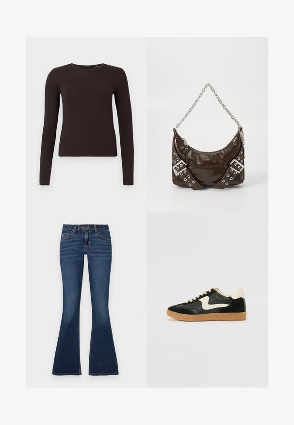 Haut à col rond à manches longues côtelé, marron foncé, avec une silhouette ajustée, présenté sur un fond blanc uni.; Jean évasé en denim bleu foncé, doté d'un design classique à cinq poches, de coutures contrastantes et d'une braguette zippée avec fermeture par bouton.; Baskets en daim et cuir noir avec un swoosh latéral crème et un talon crème clair. Dotées de lacets beige et d'une semelle en caoutchouc gomme.; Sac à main en cuir verni marron foncé avec une bandoulière en chaîne argentée, des ceintures décoratives à double boucle et une fermeture éclair.