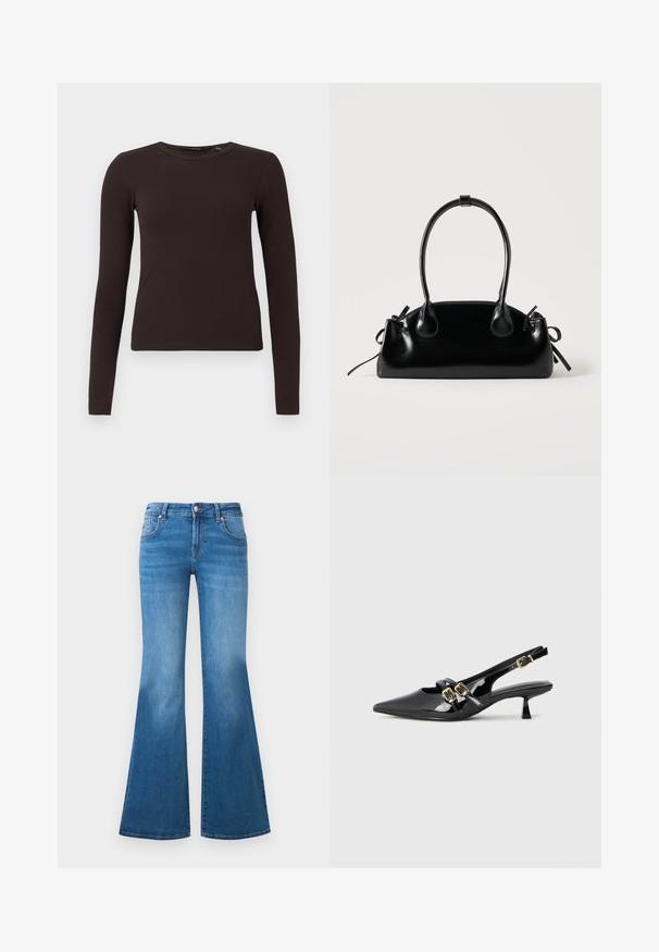 Haut à col rond à manches longues côtelé, marron foncé, avec une silhouette ajustée, présenté sur un fond blanc uni.; Jean en denim bleu évasé avec une taille mi-haute, cinq poches et des détails décolorés sur les cuisses. Accents en métal argenté sur les boutons.; Talons slingback en cuir verni noir avec un bout pointu, deux brides comprenant des boucles dorées, et un petit talon kitten. Texture lisse.; Petit sac à main noir brillant avec deux longues anses et des détails à cordon sur les côtés sur un fond clair uni.
