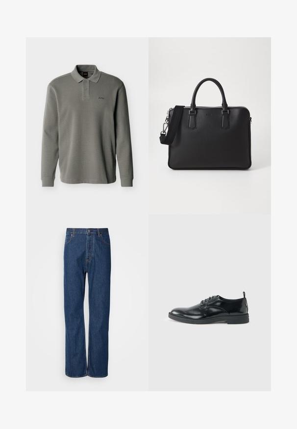 Polo à manches longues gris avec deux boutons et texture côtelée, arborant un petit logo "BOSS" brodé sur la poitrine gauche.; Jean en denim bleu avec une coupe droite, équipés d'une fermeture à bouton, de cinq poches et de coutures contrastantes le long des coutures.; Chaussure habillée en cuir noir brillant avec un petit talon, fermeture à lacets et bout rond, vue de côté sur un fond uni et clair.; Sac en cuir noir avec surface texturée, deux poignées et une bandoulière amovible. Il présente des fermetures éclair en argent et des éléments de design minimalistes.