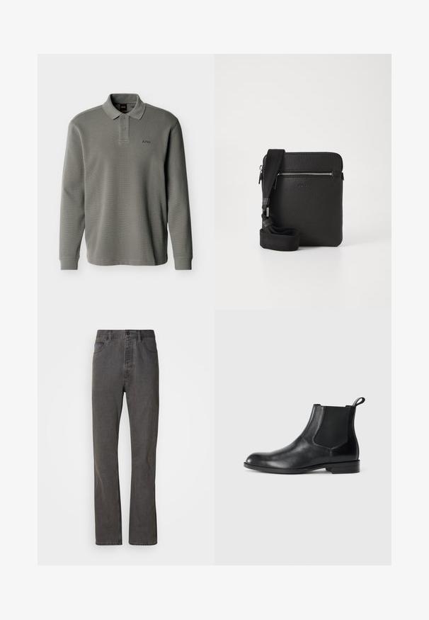 Polo à manches longues gris avec deux boutons et texture côtelée, arborant un petit logo "BOSS" brodé sur la poitrine gauche.; Jeans en denim gris avec une coupe droite, dotés de poches avant, d'une fermeture à bouton et d'une texture subtile.; Bottine en cuir noir avec des panneaux latéraux élastiques, bout rond et tirette. Texture lisse, semelle plate, design minimaliste.; Sac à bandoulière en cuir noir avec une surface texturée, poche avant zippée et une sangle en tissu réglable. Design simple et carré.