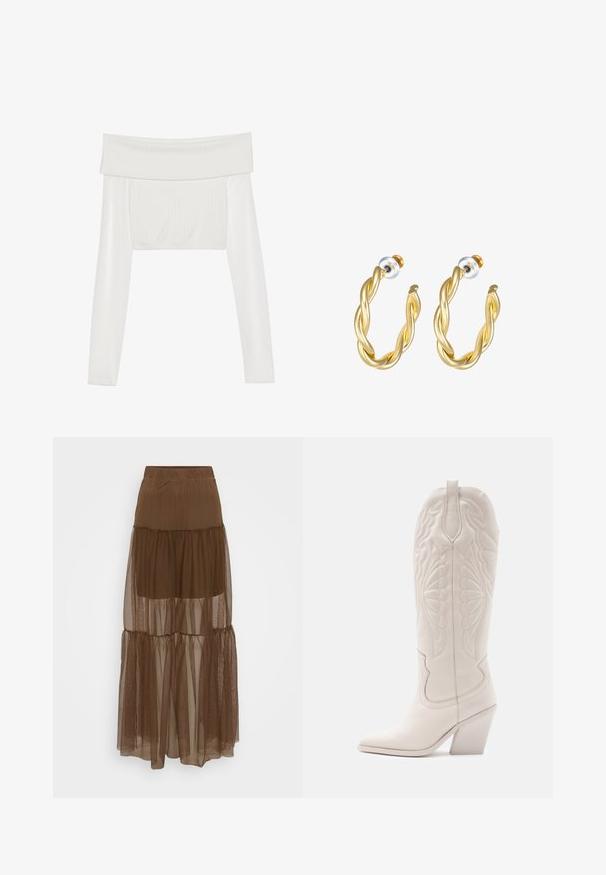Hvid af-shoulder cropped top med lange ærmer, ribbet tekstur på kroppen, glatte ærmer og elastisk bånd ved kanten.; Brun lagdelt nederdel med en tekstureret mesh-overdel og elastisk talje. Den har tre lag af gennemsigtigt stof, der giver en svævende silhuet.; Hvide læder cowboystøvler med spidse tæer og blokhæle. Har intrikate syninger på skaftet og en glat tekstur.; Guld snoede hoops øreringe med en glat overflade, der har en transparent baggrund og hardware i guldtoner.
