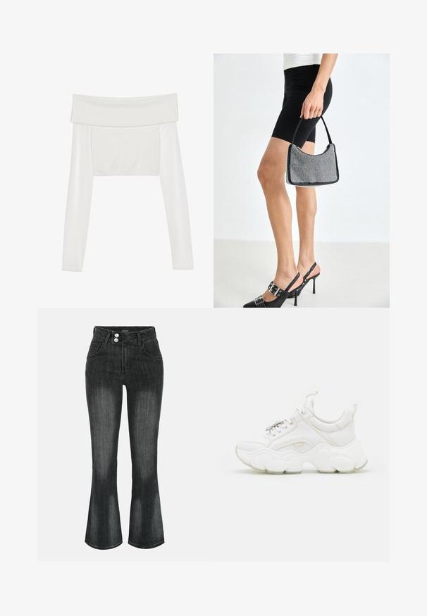Haut court blanc décolleté avec des manches longues, texture côtelée sur le corps, manches lisses et bande élastique à l'ourlet.; Jean en denim noir délavé à taille haute, fermeture double bouton, poches avant et jambes légèrement évasées.; Baskets blanches chunky en cuir et mesh, dotées d'une semelle épaisse, d'un bout arrondi et de lacets décoratifs. Accents légèrement texturés.; Sac à main à perles noires avec une silhouette courbée, une poignée de transport et une texture brillante. Porté avec des chaussures à talons hauts noires et un short noir ajusté.