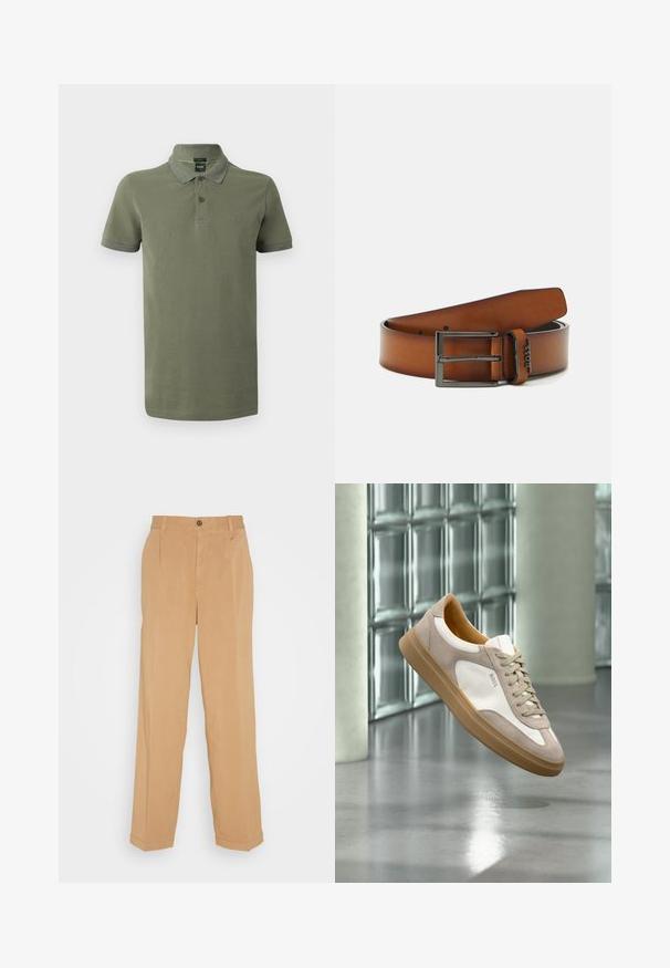 Polo vert olive en coton, avec un col, une patte de boutonnage à deux boutons, et des accents vert foncé contrastants sur le col et les manches.; Pantalons larges beiges en tissu doux, dotés de deux poches avant, d'une fermeture à bouton et de plis le long des jambes.; Baskets beige et blanches avec semelle marron clair et logo « BOSS », suspendues au-dessus d’un sol lisse et réfléchissant avec un mur en parpaings de verre en arrière-plan.; Ceinture en cuir marron avec une boucle en métal noir mat, dotée d'une seule agrafe et de cinq trous pour réglage, avec un logo en relief.