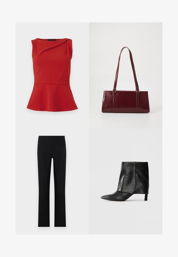 Top rouge sans manches à basque avec un décolleté asymétrique et un léger drapé près du col, étiqueté Anna Field.; Pantalon pour femme noir, ajusté, droit, taille mi-haute avec un détail de couture sur le devant, présenté sur un fond clair uni.; Botte noire en cuir mi-mollet avec bout pointu, tige supérieure repliée et petit talon élancé, se tenant sur fond blanc.; Sac à main bordeaux en matériau brillant, de forme rectangulaire, avec deux anses et des accents légèrement courbés à l'avant.