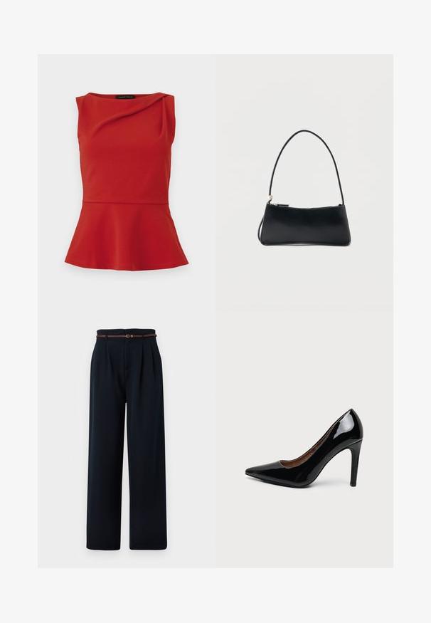 Top rouge sans manches à basque avec un décolleté asymétrique et un léger drapé près du col, étiqueté Anna Field.; Pantalon noir taille haute à jambes larges avec plis et une fine ceinture tressée marron, présenté sur un fond blanc.; Escarpin femme en cuir verni noir à talon haut, bout pointu et talon fin sur fond blanc uni.; Sac à main rectangulaire noir avec une fine bandoulière et fermeture éclair, présenté sur un fond blanc uni.