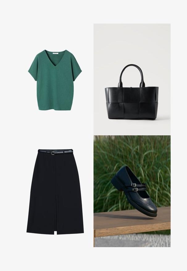 T-shirt vert manches courtes en V, coupe ample avec un ourlet droit, présenté sur fond blanc.; Jupe noire à mi-cuisse avec une fente frontale, fabriquée en tissu lisse. Comprend une fine ceinture noire avec une boucle en argent et des passants.; Chaussure Mary Jane en cuir noir avec doubles brides bouclées et détails brogue, flottant au-dessus d'un banc en bois avec en arrière-plan de l'herbe verte.; Sac fourre-tout en cuir noir avec de grands panneaux carrés tissés et deux poignées arrondies sur un fond clair uni.