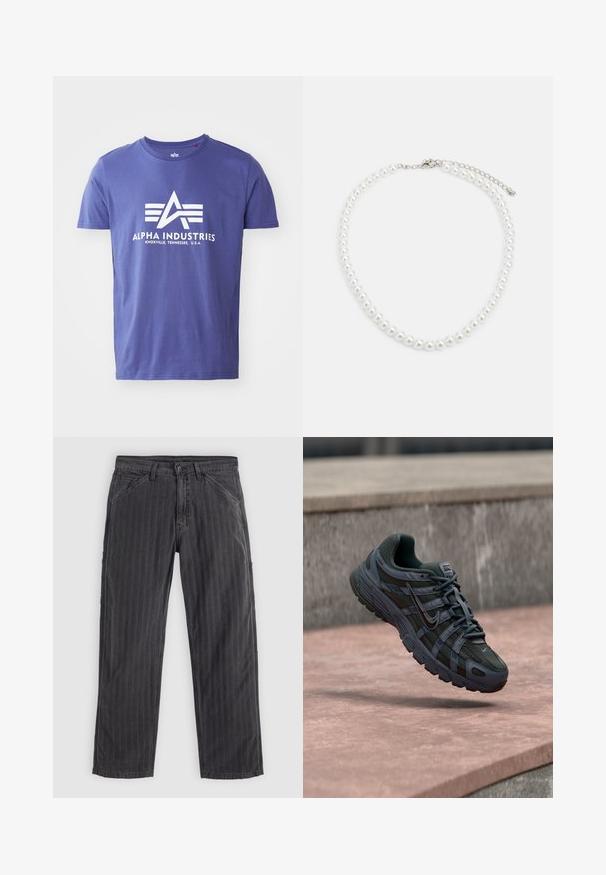 Camiseta de algodón morada de manga corta, que presenta un logo blanco que incluye "ALPHA INDUSTRIES" y un diseño geométrico.; Pantalones de rayas negras fabricados en una mezcla de algodón. Cuentan con un diseño de pierna recta, bolsillos laterales y un cierre con botón.; Zapatilla de running Nike de color gris oscuro con diseño de malla y sintético, flotando sobre una superficie de hormigón rosada con un fondo de piedra gris.; Collar de perlas blancas con forma redonda uniforme, superficie suave y cierre de metal con cadena de extensión para longitud ajustable.