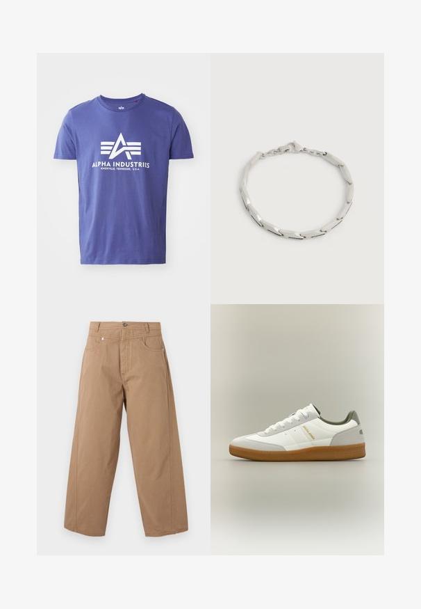 Camiseta de algodón morada de manga corta, que presenta un logo blanco que incluye "ALPHA INDUSTRIES" y un diseño geométrico.; Pantalones beige de pierna ancha con cierre frontal de botón y cremallera, dos bolsillos delanteros y costuras visibles sobre un fondo blanco.; Zapatilla deportiva baja blanca y gris con suela de goma, cordones blancos y la marca dorada "JACK & JONES" en el lateral, vista desde el lado exterior.; Pulsera de tono plateado con eslabones planos angulares y un cierre de langosta, exhibida sobre un fondo claro y liso.