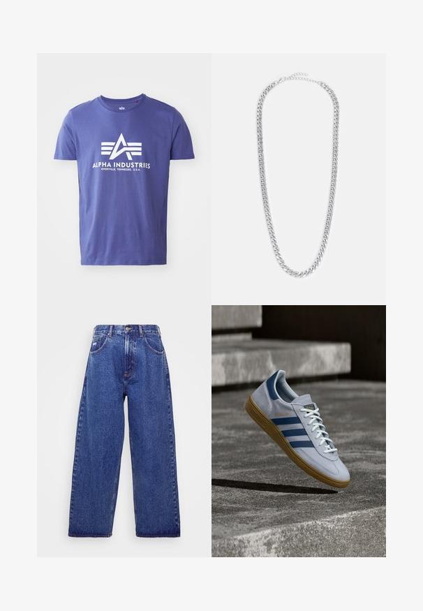 Lilla bomulds T-shirt med korte ærmer, der har et hvidt logo, som inkluderer "ALPHA INDUSTRIES" og et geometrisk design.; Bredde ben, blå denim jeans med høj talje, der har fem lommer, knaplukning og subtile blødgøringer for tekstur.; Lyseblå Adidas Spezial sneakers med marineblå striber og gummisål, vist i luften over betontrapper i et neutralt udendørsmiljø.; Sølv metal kædehalssmykke med sammenflettede led, en glat overflade og en justerbar lukning til tilpasning af længden.