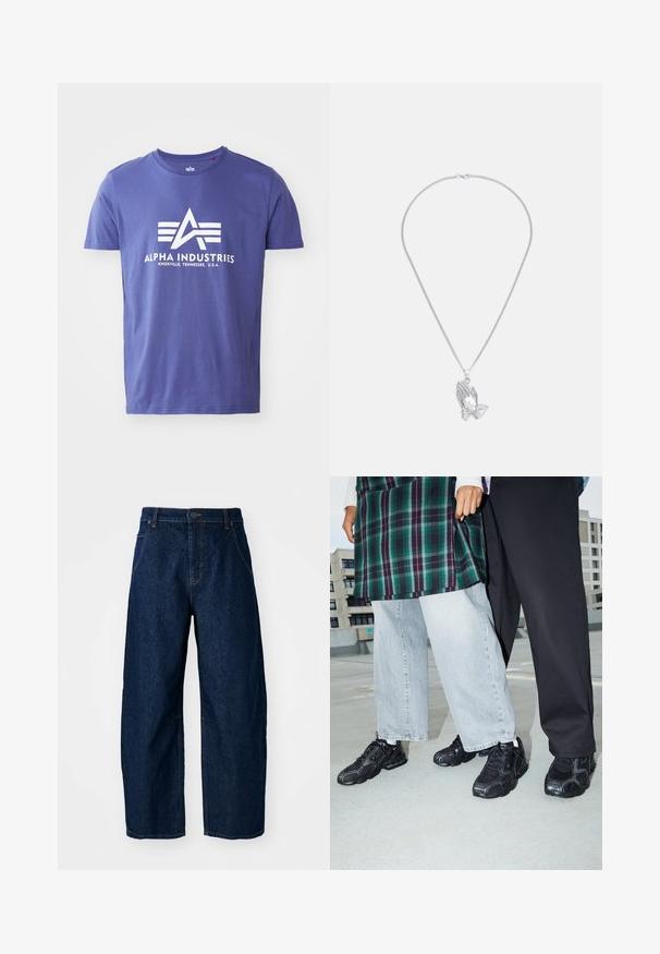Fialové bavlnené tričko s krátkymi rukávmi, na ktorom je biele logo obsahujúce "ALPHA INDUSTRIES" a geometrický dizajn.; Široké nohavice z tmavého denimu s vysokým pásom, obsahujúce päť vreciek, predné zapínanie na gombík a viditeľné švy.; Čierne športové topánky s sieťovinou a gumovými akcentmi. Nosené s svetlošedými širokými džínsami a kockovaným zeleným topom. Pozadie s plochým povrchom.; Strieborný náhrdelník s príveskom v tvare dvoch spojených rúk, zavesený na jemnom reťazci s hladkou štruktúrou.