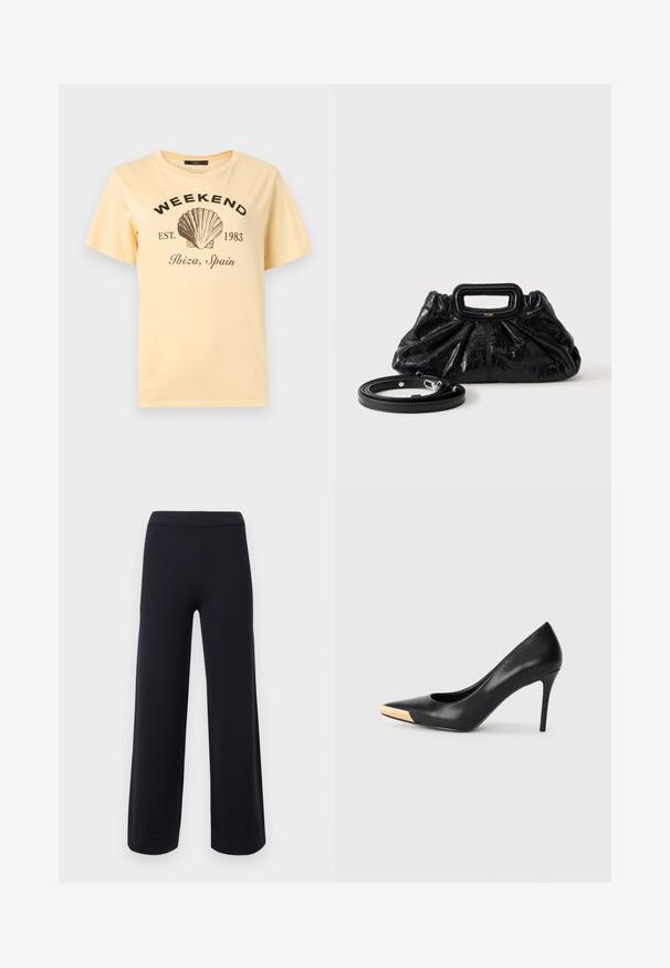 T-shirt jaune clair avec texte noir « WEEKEND EST. 1983 Ibiza, Espagne » et un grand dessin noir de coquillage au centre.; Pantalon noir à jambes larges avec une taille haute et des ourlets retroussés, présenté sur un fond clair uni.; Pompe à talon haut en cuir noir avec bout pointu ; présente une accentuation métallique dorée sur le capuchon. Surface lisse avec un design épuré.; Petit sac à main en cuir noir avec texture froncée, poignée rectangulaire et fine bandoulière amovible placée à côté.