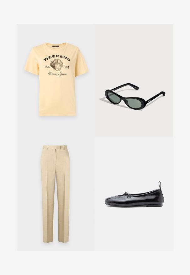 T-shirt jaune clair avec texte noir « WEEKEND EST. 1983 Ibiza, Espagne » et un grand dessin noir de coquillage au centre.; Pantalon beige taille haute sur mesure avec passants pour ceinture, pli avant et fermeture invisible, présenté sur un fond uni.; Ballerine en cuir verni noir avec un bout rond, un petit nœud décoratif et une texture lisse ; présente une semelle plate basse et une languette au talon.; Lunettes de soleil ovales noires avec verres teintés et branches fines, présentées sur un fond clair avec le nom de la marque sur les branches.