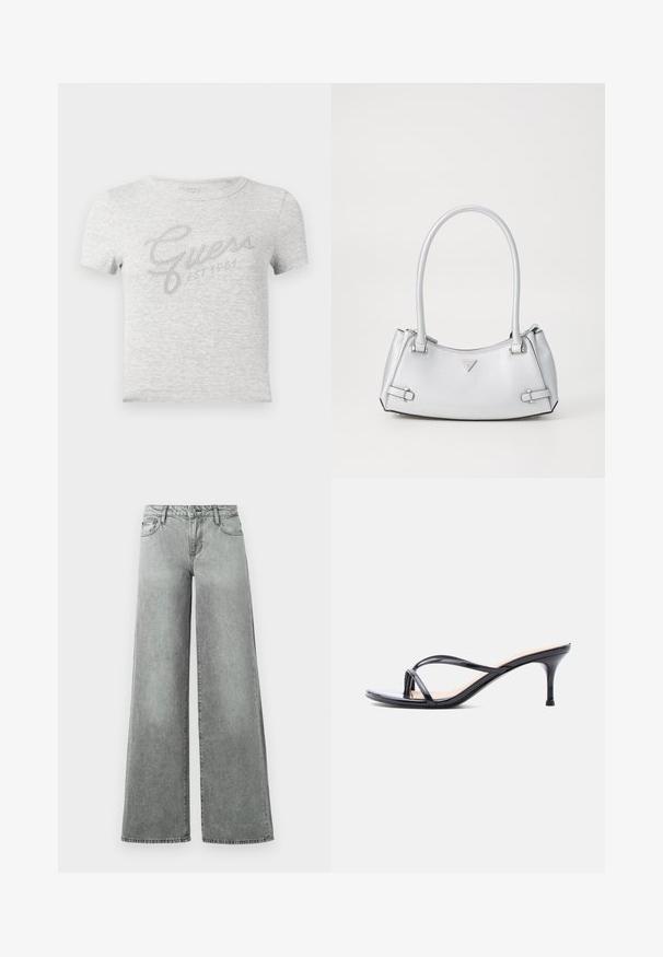 T-shirt gris à manches courtes avec texture côtelée, arborant un logo "Guess" argent métallique et le texte "EST 1981" en police cursive.; Jeans en denim gris à jambes larges, dotés de cinq poches, d'une taille haute et d'une finition légèrement délavée avec des coutures visibles.; Sandale à talon en cuir verni noir avec fines lanières croisées et talon aiguille moyen et élancé sur fond blanc.; Sac à main argenté avec un design structuré, doté de deux poignées, d'une texture brillante, de quincaillerie accentuée et d'un logo triangulaire sur le devant.